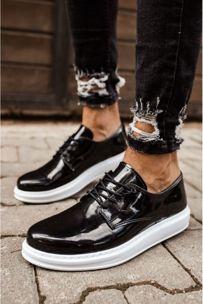 CH003 Pelle Verniciata Classica Erkek Günlük Bağcıklı Rugan Klasik Ayakkabı CBT - Siyah