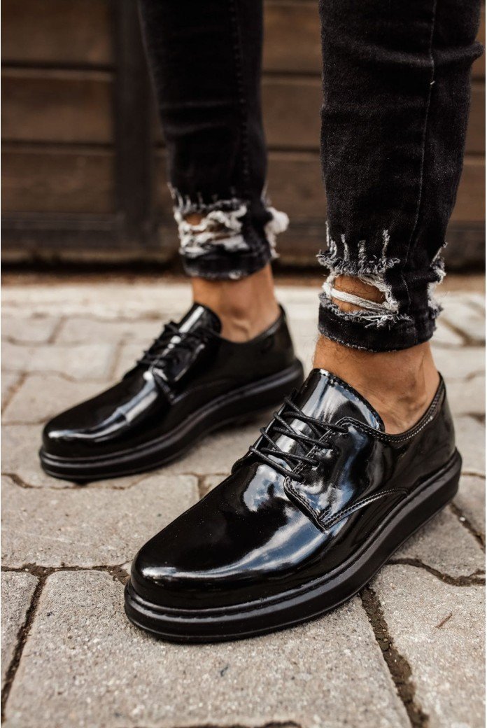 CH003 Pelle Verniciata Classica Erkek Günlük Bağcıklı Rugan Klasik Ayakkabı CST - Siyah