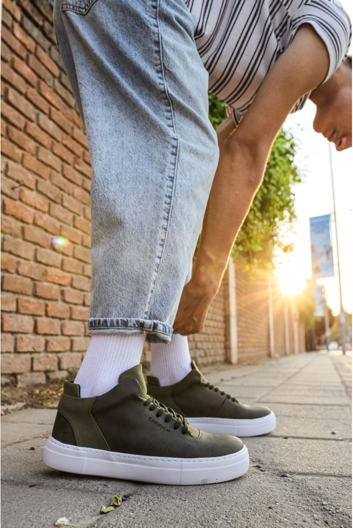 CH004 Hide Erkek Günlük Bağcıklı Cilt Spor Sneaker Ayakkabı CBT - Haki