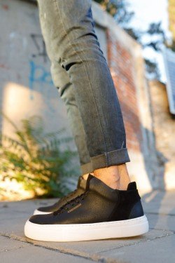 CH004 Hide Erkek Günlük Bağcıklı Cilt Spor Sneaker Ayakkabı CBT - Siyah