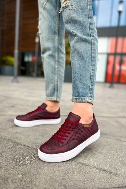 CH015 First Edition Erkek Günlük Bağcıklı Cilt Spor Sneaker Ayakkabı CBT - Bordo