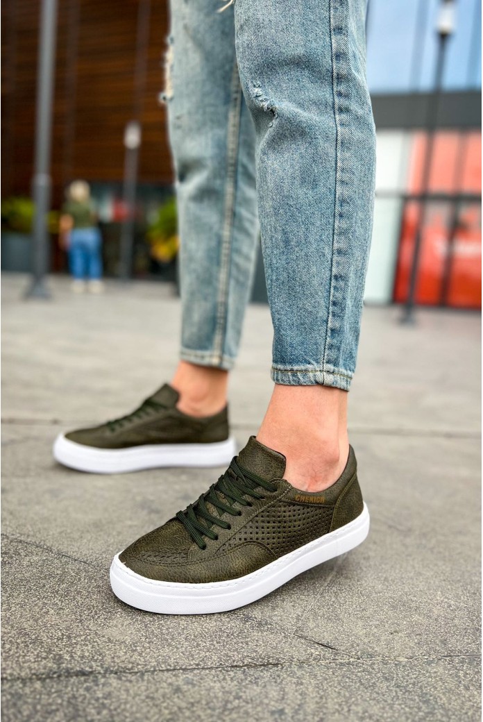 CH015 First Edition Erkek Günlük Bağcıklı Cilt Spor Sneaker Ayakkabı CBT - Haki