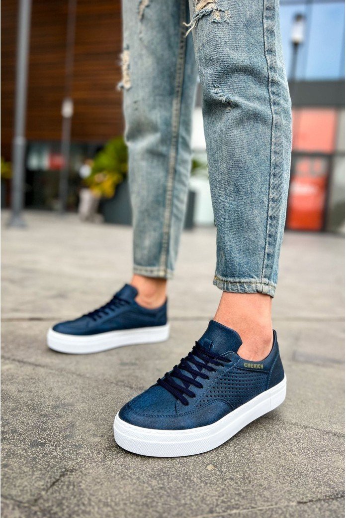 CH015 First Edition Erkek Günlük Bağcıklı Cilt Spor Sneaker Ayakkabı CBT - Lacivert