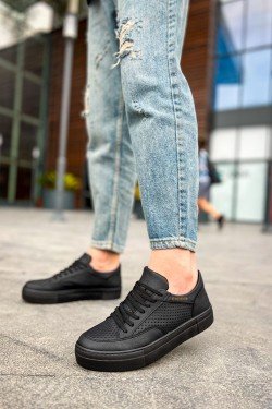 CH015 First Edition Erkek Günlük Bağcıklı Cilt Spor Sneaker Ayakkabı CST - Siyah