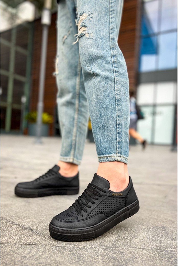 CH015 First Edition Erkek Günlük Bağcıklı Cilt Spor Sneaker Ayakkabı CST - Siyah