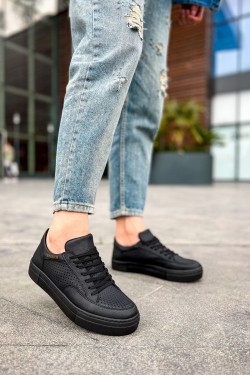 CH015 First Edition Erkek Günlük Bağcıklı Cilt Spor Sneaker Ayakkabı CST - Siyah