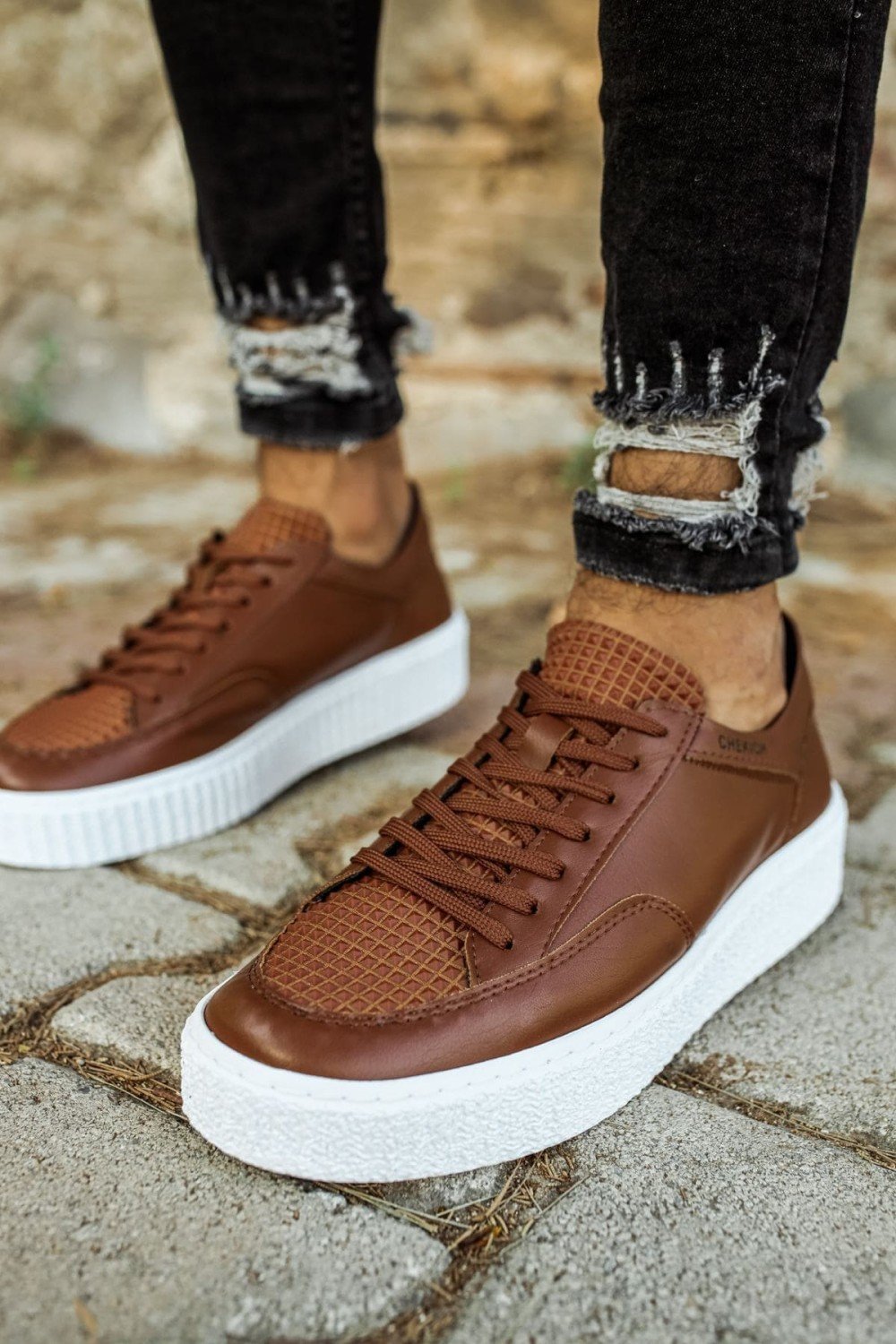 CH017 Pyramid Erkek Günlük Bağcıklı Cilt Spor Sneaker Ayakkabı CBT - Taba – Chekich Erkek Ayakkabı