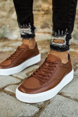 CH017 Pyramid Erkek Günlük Bağcıklı Cilt Spor Sneaker Ayakkabı CBT - Taba