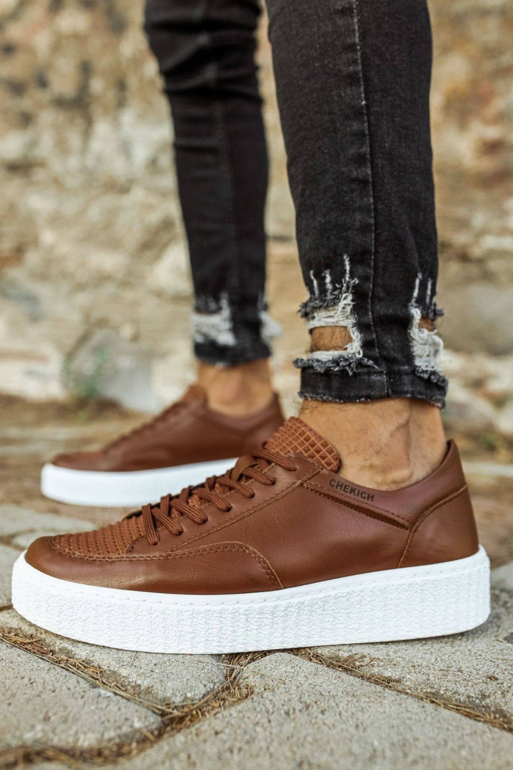 CH017 Pyramid Erkek Günlük Bağcıklı Cilt Spor Sneaker Ayakkabı CBT - Taba – Chekich Erkek Ayakkabı