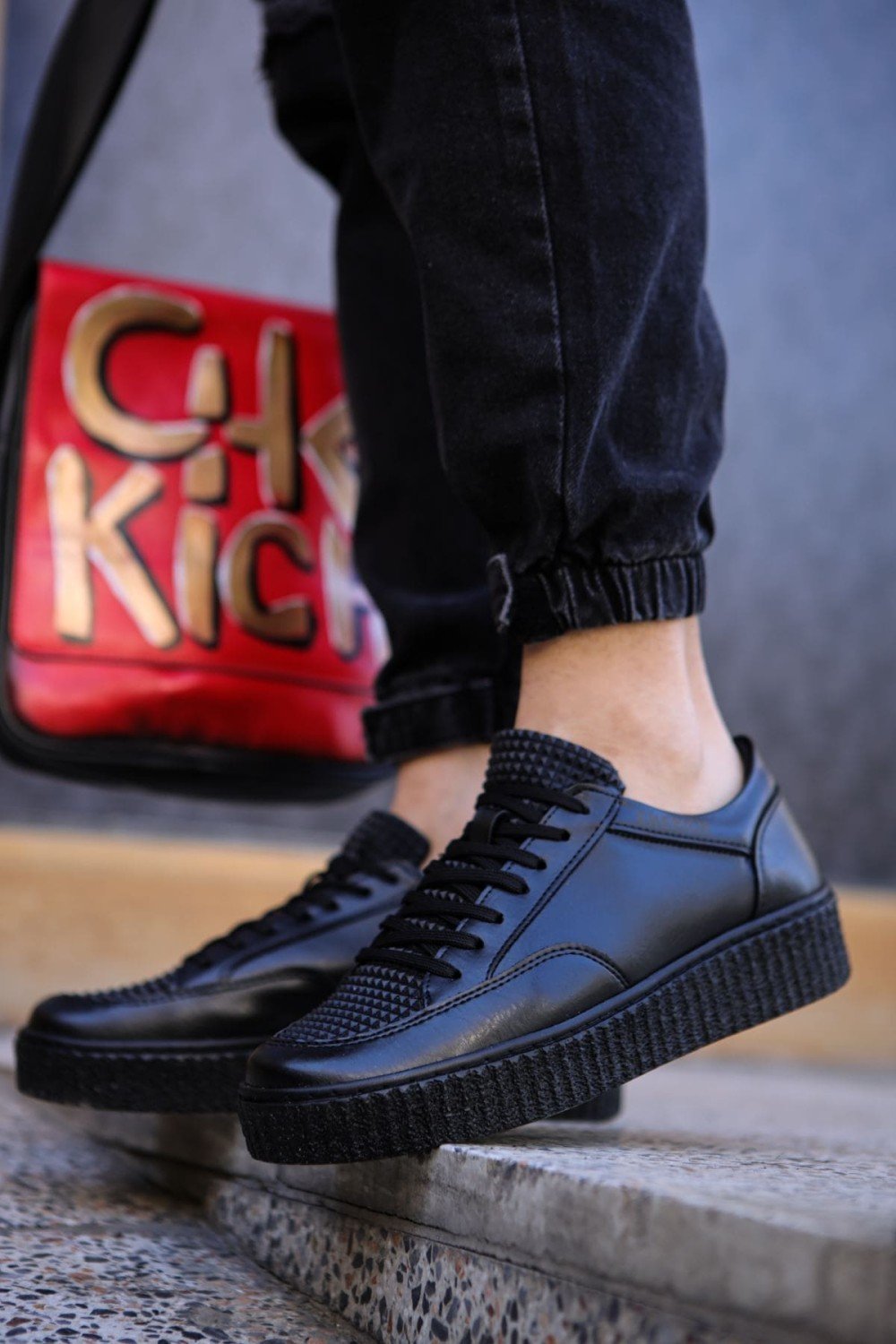 CH017 Pyramid Erkek Günlük Bağcıklı Cilt Spor Sneaker Ayakkabı CST - Siyah – Chekich Erkek Ayakkabı