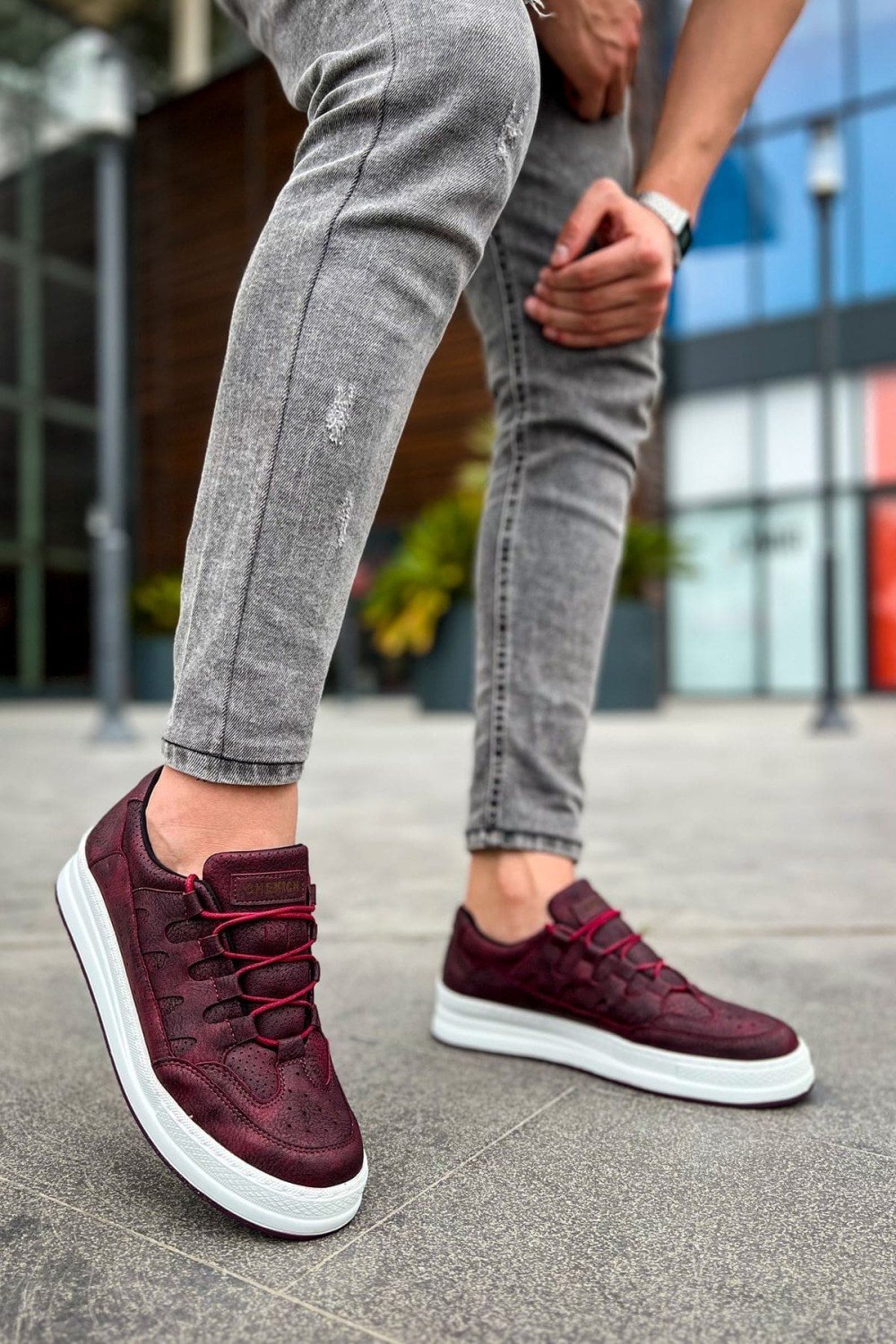 CH040 C - Rey Erkek Günlük Bağcıklı Cilt Spor Sneaker Ayakkabı CBT - Bordo – Chekich Erkek Ayakkabı