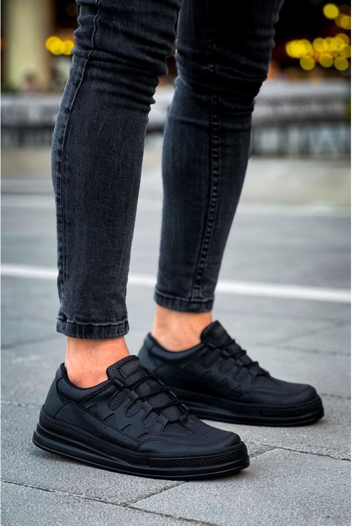 CH040 C - Rey Erkek Günlük Bağcıklı Cilt Spor Sneaker Ayakkabı CST - Siyah