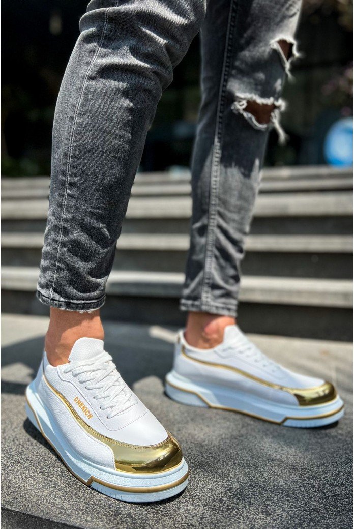 CH041 Renaissance Erkek Günlük Bağcıklı Cilt Spor Sneaker Ayakkabı CBT - Beyaz/Gold