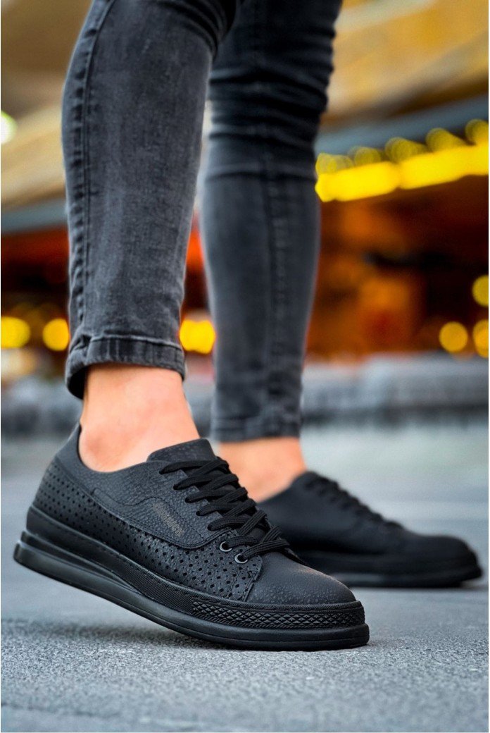 CH043 Cowien Erkek Günlük Bağcıklı Cilt Spor Sneaker Ayakkabı CST - Siyah