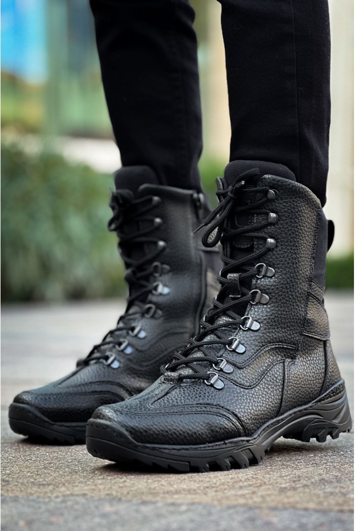 CH051 Scalatore Erkek Spor Günlük Bağcıklı ve Fermuarlı Cilt Askeri Postal Bot CST - Siyah