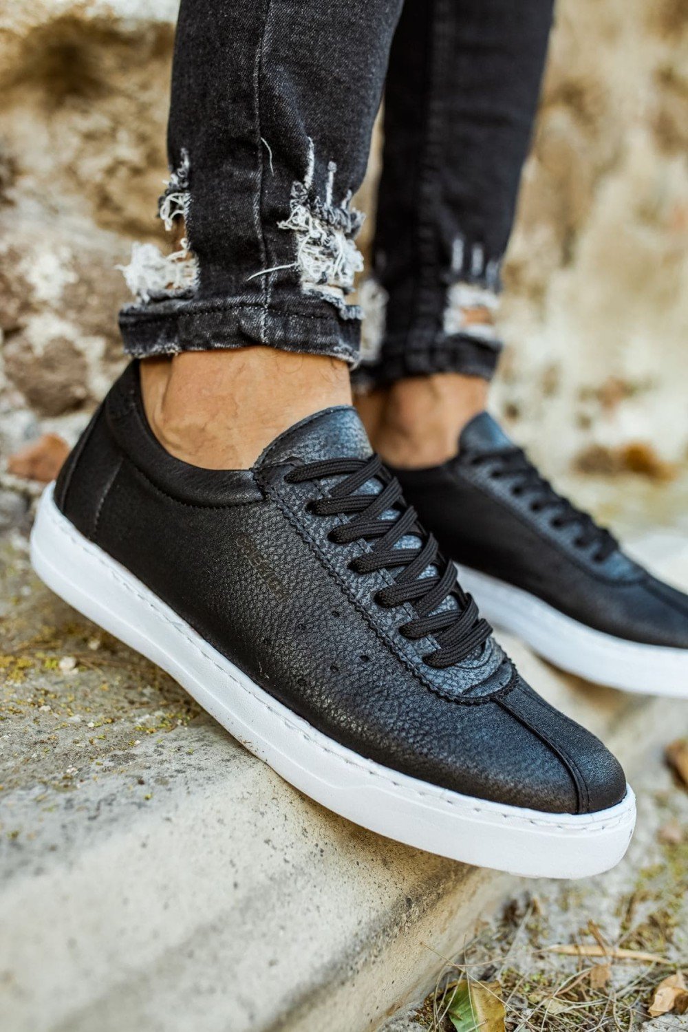 CH063 Star - X Erkek Günlük Bağcıklı Cilt Spor Sneaker Ayakkabı CBT - Siyah – Chekich Erkek Ayakkabı