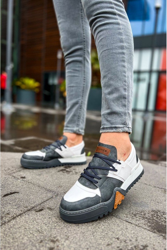 CH067 Warrem Erkek Günlük Bağcıklı Cilt Spor Sneaker Ayakkabı CABT - Antrasit/Beyaz