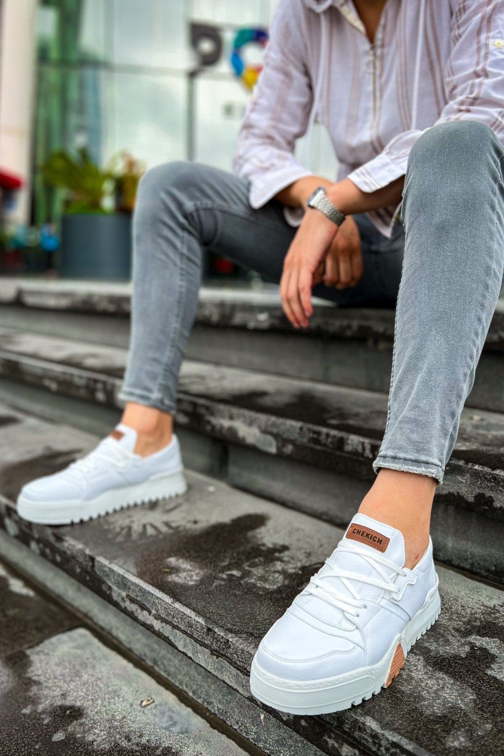 CH067 Warrem Erkek Günlük Bağcıklı Cilt Spor Sneaker Ayakkabı CBT - Beyaz – Chekich Erkek Ayakkabı