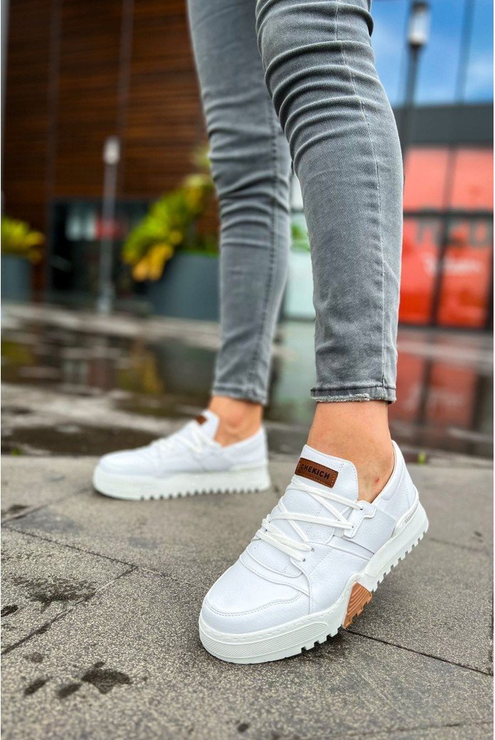 CH067 Warrem Erkek Günlük Bağcıklı Cilt Spor Sneaker Ayakkabı CBT - Beyaz