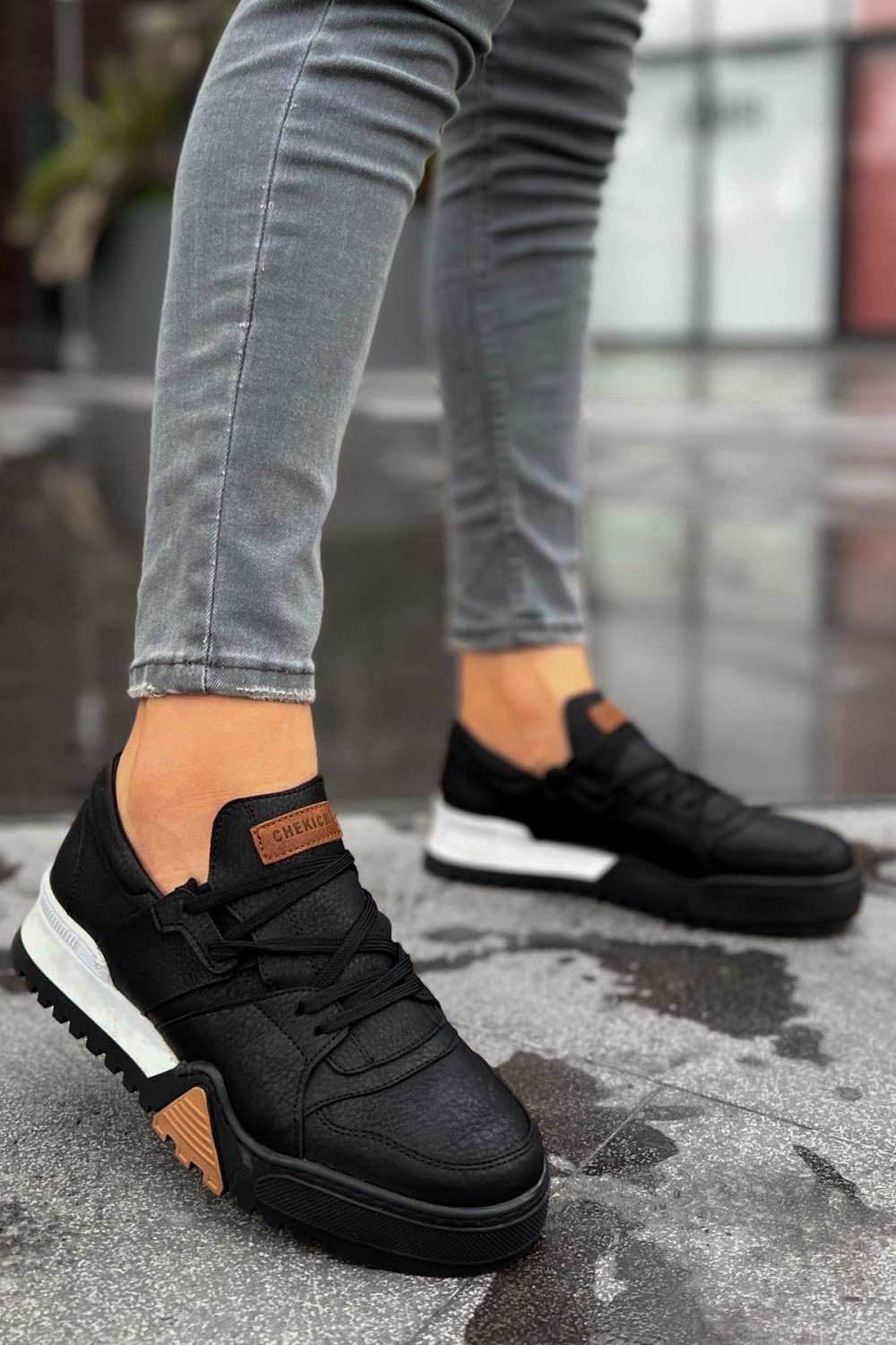 CH067 Warrem Erkek Günlük Bağcıklı Cilt Spor Sneaker Ayakkabı CSBT - Siyah – Chekich Erkek Ayakkabı