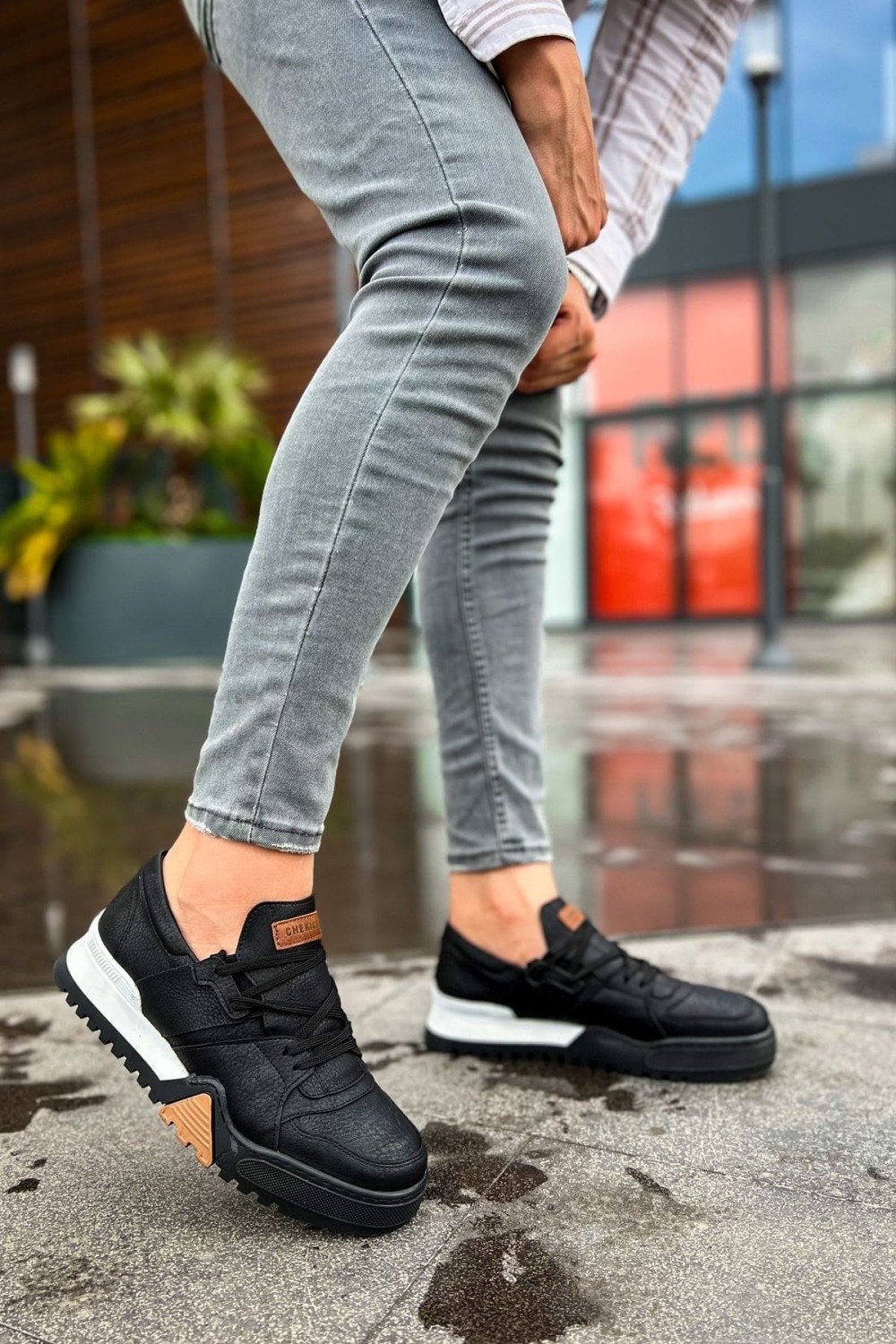 CH067 Warrem Erkek Günlük Bağcıklı Cilt Spor Sneaker Ayakkabı CSBT - Siyah – Chekich Erkek Ayakkabı