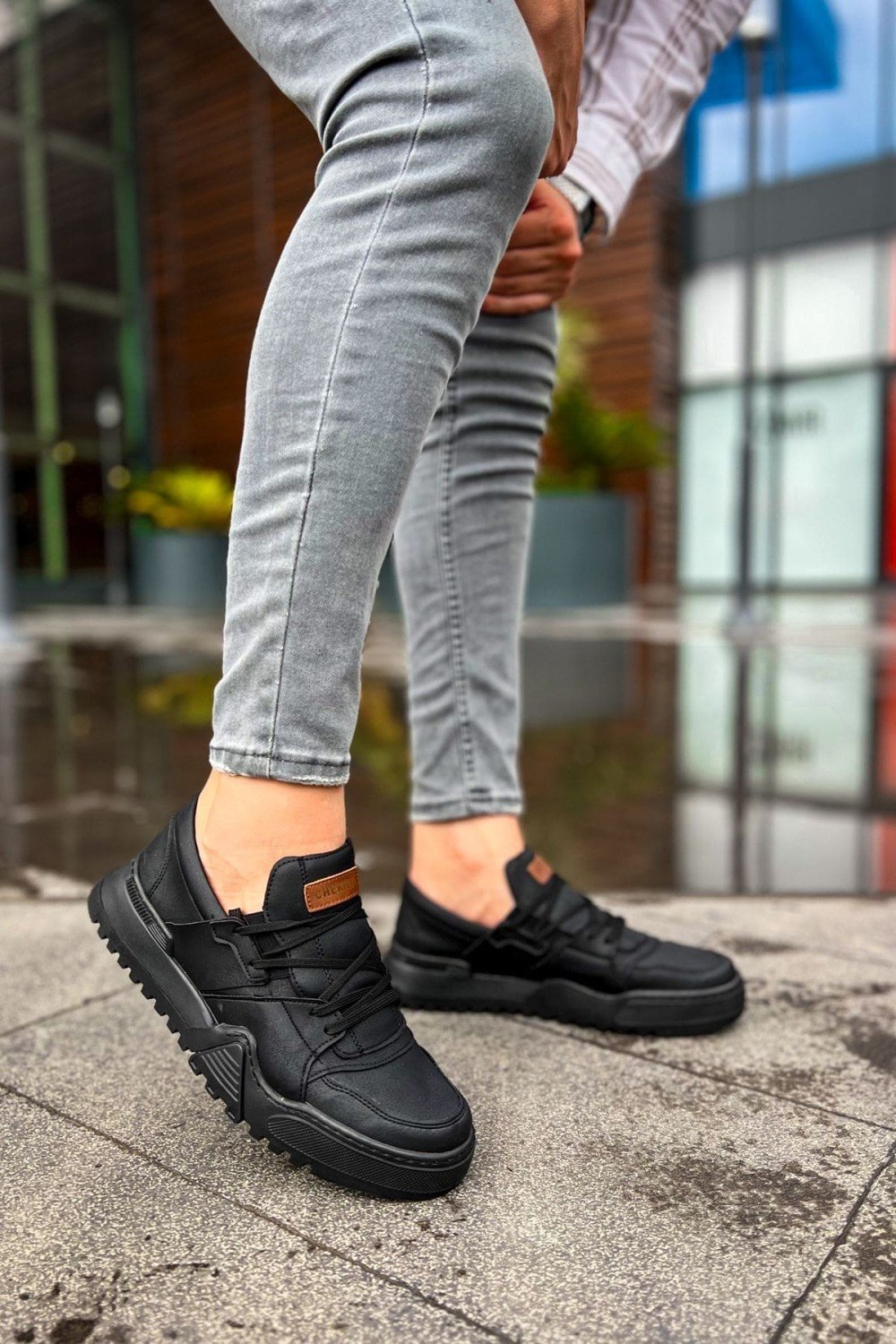 CH067 Warrem Erkek Günlük Bağcıklı Cilt Spor Sneaker Ayakkabı CST - Siyah – Chekich Erkek Ayakkabı