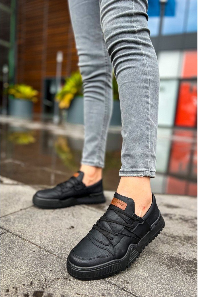 CH067 Warrem Erkek Günlük Bağcıklı Cilt Spor Sneaker Ayakkabı CST - Siyah