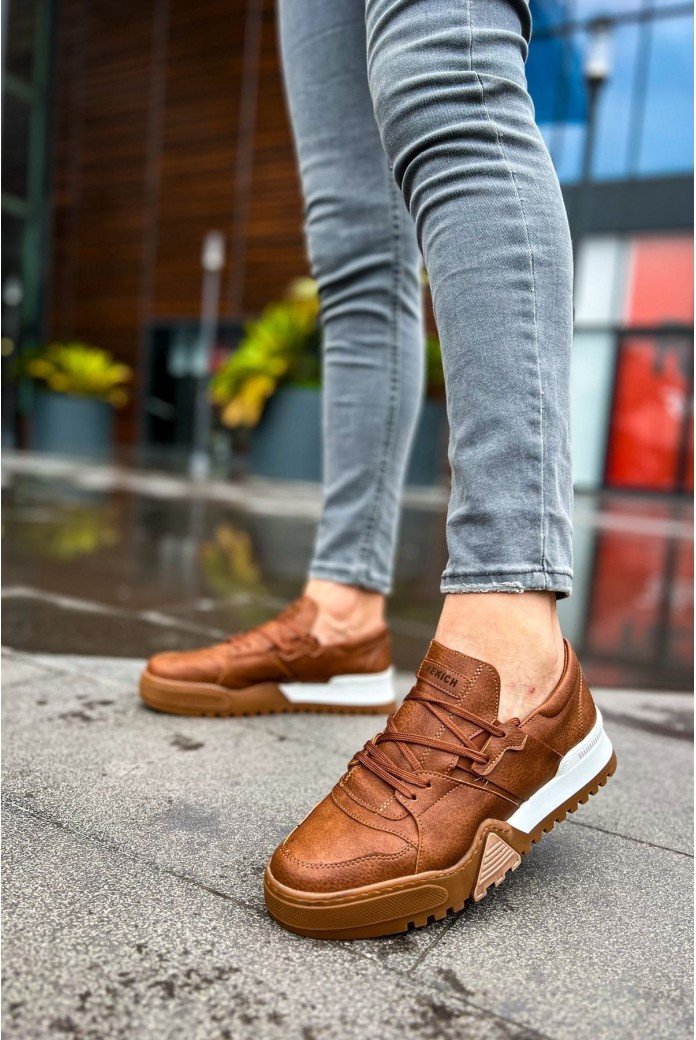 CH067 Warrem Erkek Günlük Bağcıklı Cilt Spor Sneaker Ayakkabı CTBT - Taba