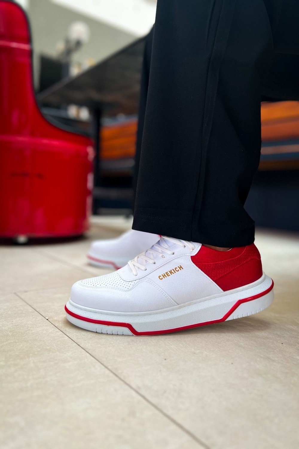 CH075 Signature Erkek Günlük Bağcıklı Cilt Spor Sneaker Ayakkabı CBT - Beyaz/Kırmızı – Chekich Erkek Ayakkabı
