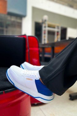 CH075 Signature Erkek Günlük Bağcıklı Cilt Spor Sneaker Ayakkabı CBT - Beyaz/Mavi