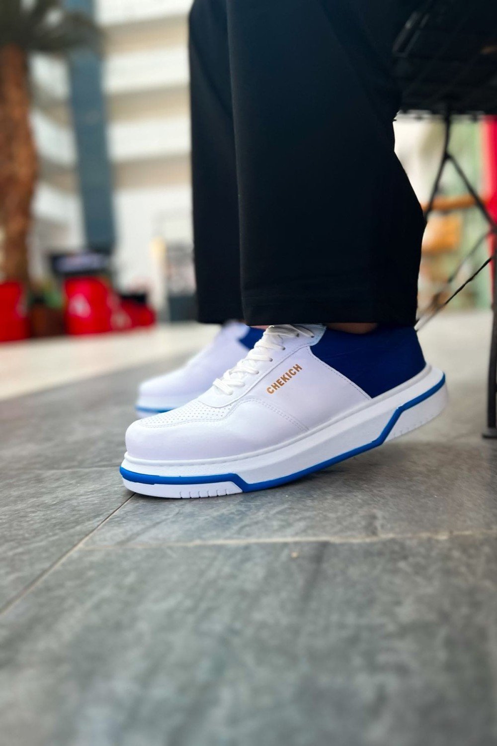 CH075 Signature Erkek Günlük Bağcıklı Cilt Spor Sneaker Ayakkabı CBT - Beyaz/Mavi – Chekich Erkek Ayakkabı