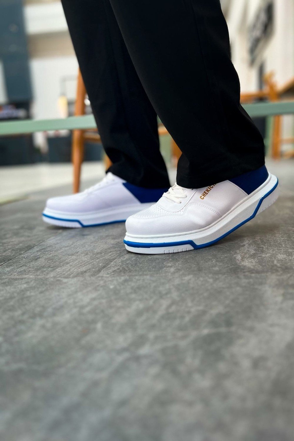 CH075 Signature Erkek Günlük Bağcıklı Cilt Spor Sneaker Ayakkabı CBT - Beyaz/Mavi – Chekich Erkek Ayakkabı