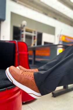 CH075 Signature Erkek Günlük Bağcıklı Cilt Spor Sneaker Ayakkabı CBT - Taba