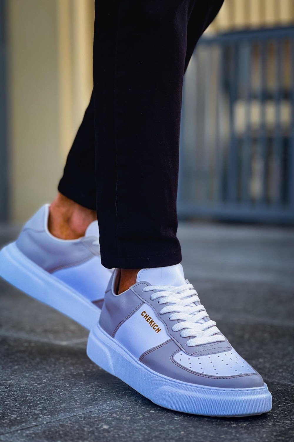 CH087 Kenton Erkek Günlük Bağcıklı Cilt Spor Sneaker Ayakkabı CBT - Beyaz/Gri – Chekich Erkek Ayakkabı