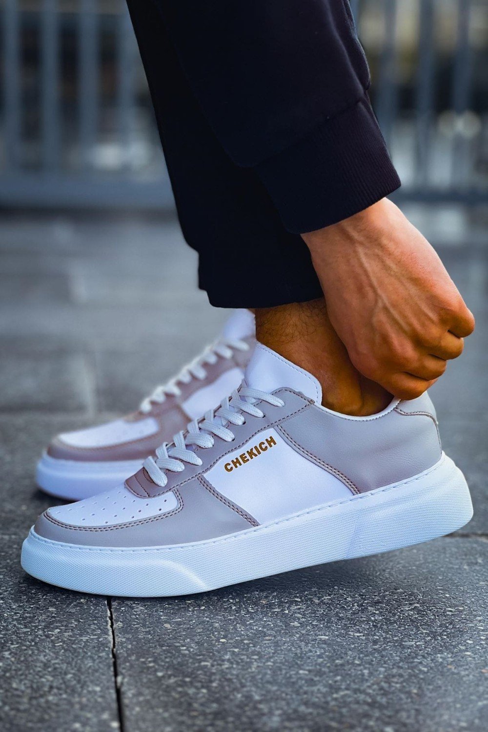 CH087 Kenton Erkek Günlük Bağcıklı Cilt Spor Sneaker Ayakkabı CBT - Beyaz/Gri – Chekich Erkek Ayakkabı