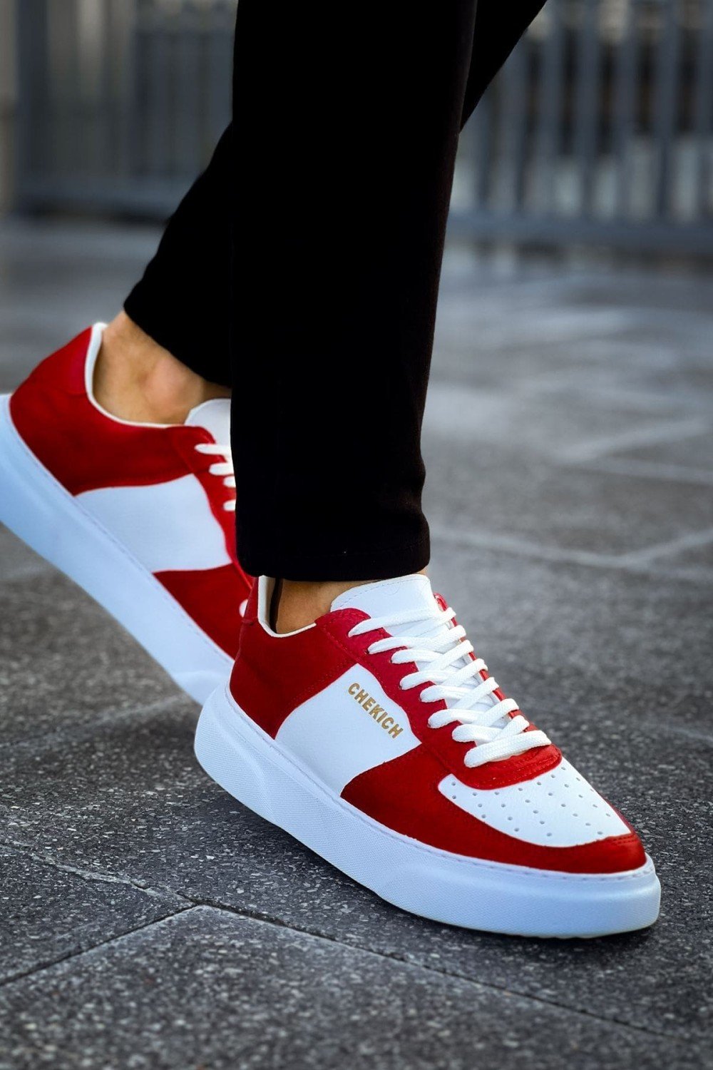 CH087 Kenton Erkek Günlük Bağcıklı Cilt Spor Sneaker Ayakkabı CBT - Beyaz/Kırmızı – Chekich Erkek Ayakkabı