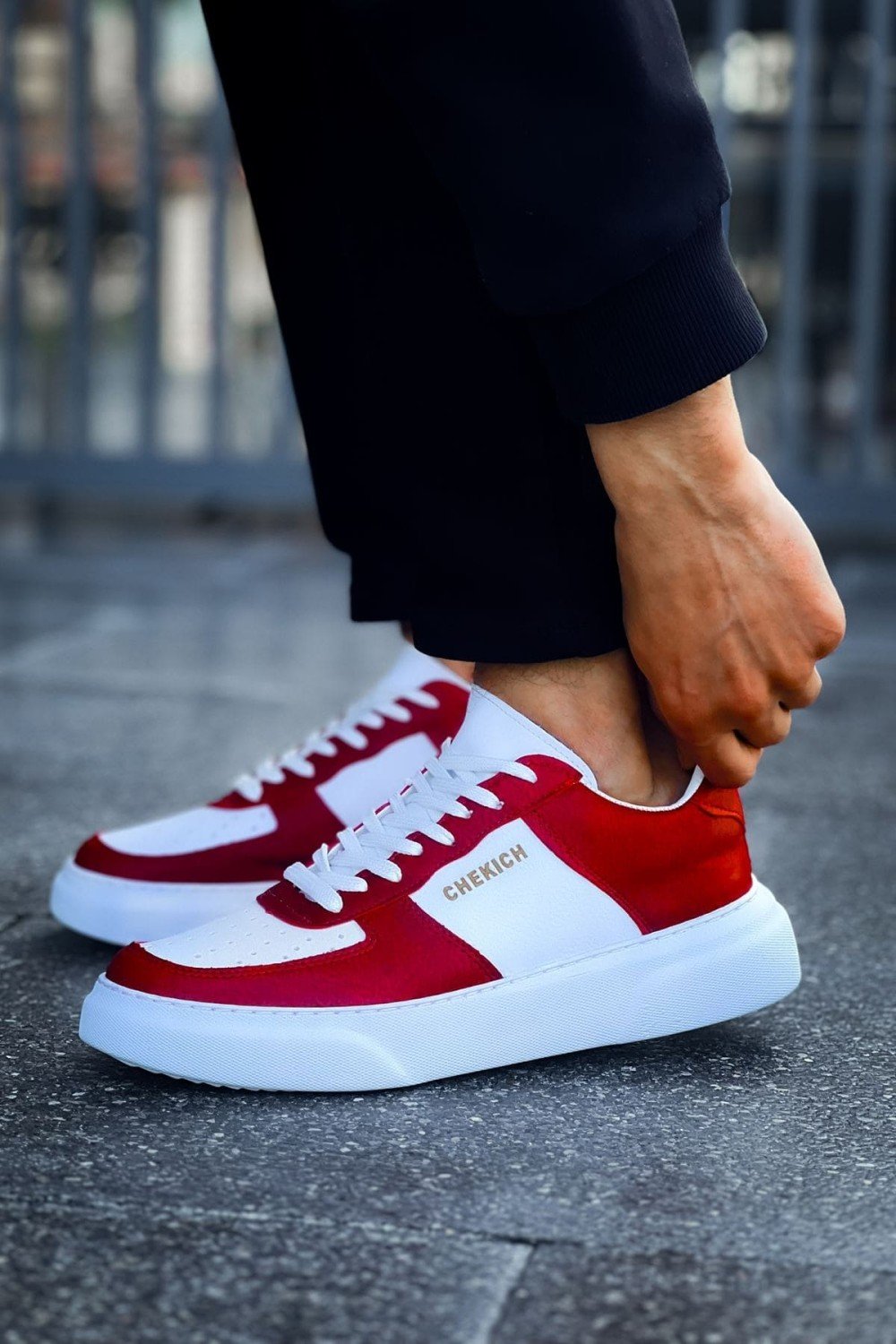 CH087 Kenton Erkek Günlük Bağcıklı Cilt Spor Sneaker Ayakkabı CBT - Beyaz/Kırmızı – Chekich Erkek Ayakkabı