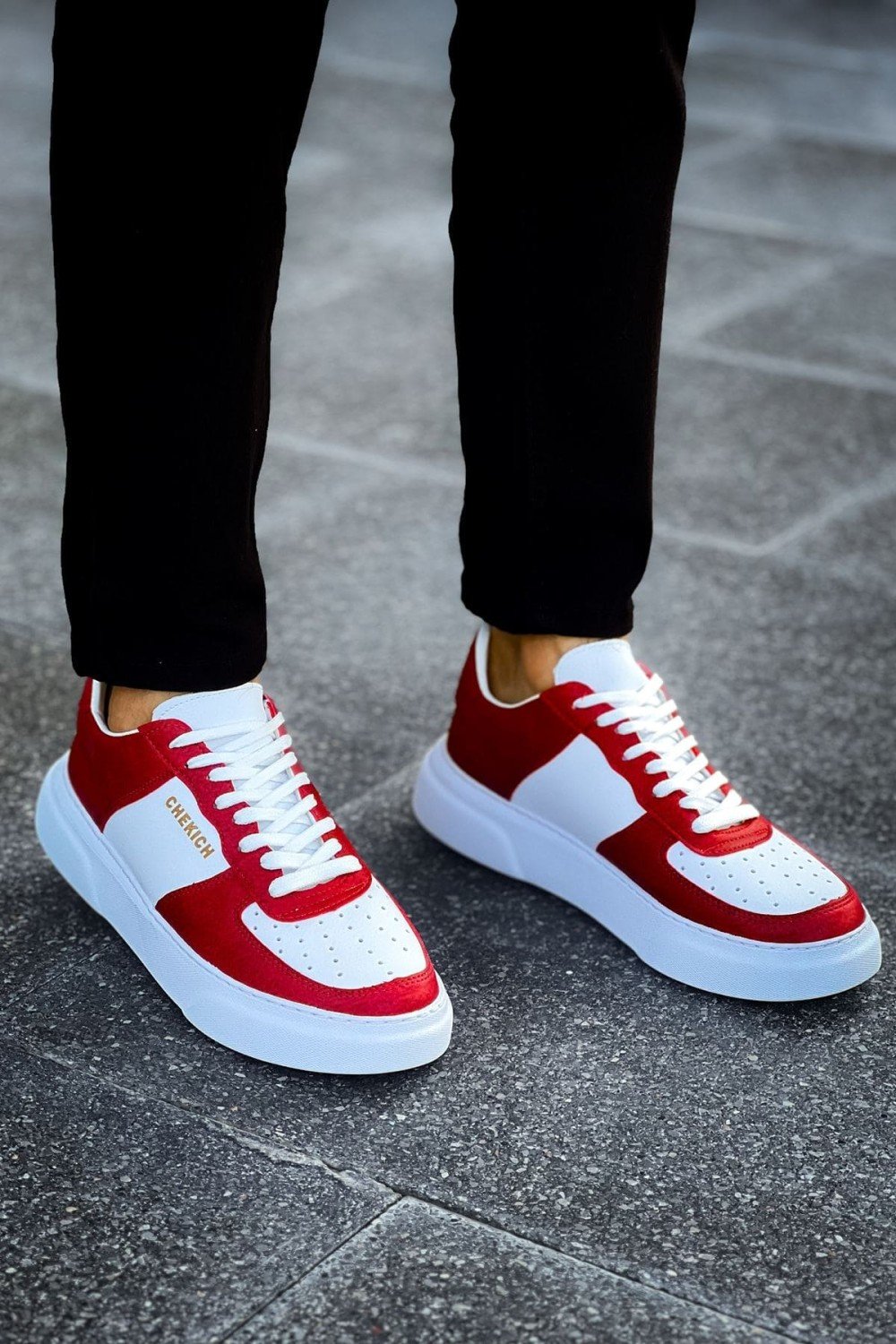 CH087 Kenton Erkek Günlük Bağcıklı Cilt Spor Sneaker Ayakkabı CBT - Beyaz/Kırmızı – Chekich Erkek Ayakkabı