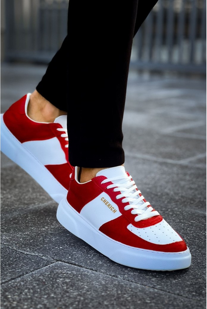 CH087 Kenton Erkek Günlük Bağcıklı Cilt Spor Sneaker Ayakkabı CBT - Beyaz/Kırmızı
