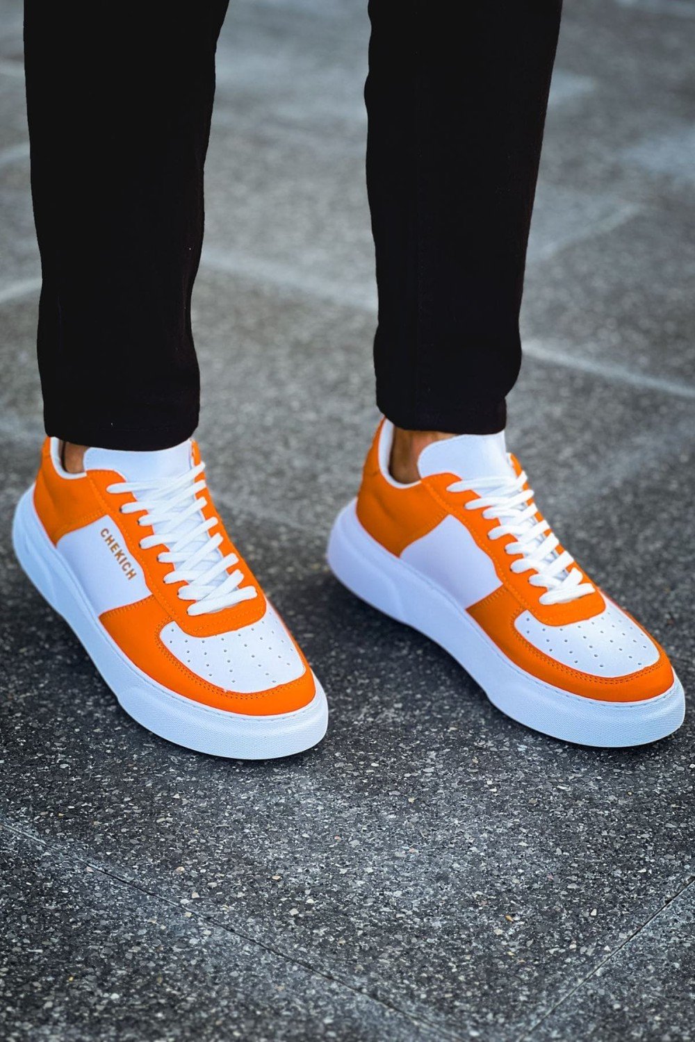 CH087 Kenton Erkek Günlük Bağcıklı Cilt Spor Sneaker Ayakkabı CBT - Beyaz/Turuncu – Chekich Erkek Ayakkabı