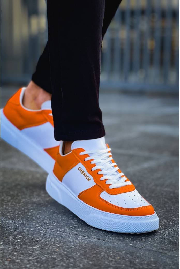 CH087 Kenton Erkek Günlük Bağcıklı Cilt Spor Sneaker Ayakkabı CBT - Beyaz/Turuncu