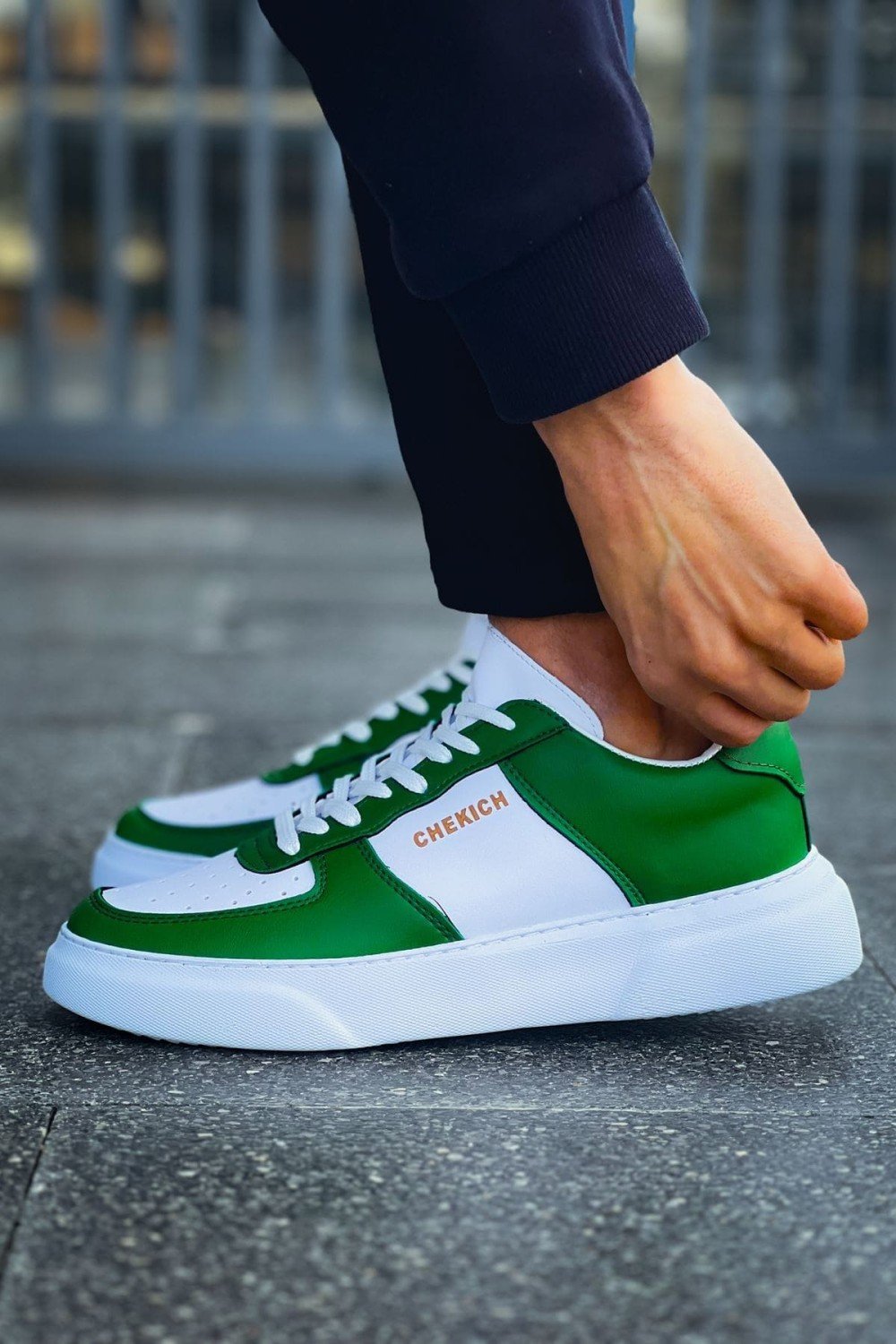 CH087 Kenton Erkek Günlük Bağcıklı Cilt Spor Sneaker Ayakkabı CBT - Beyaz/Yeşil – Chekich Erkek Ayakkabı