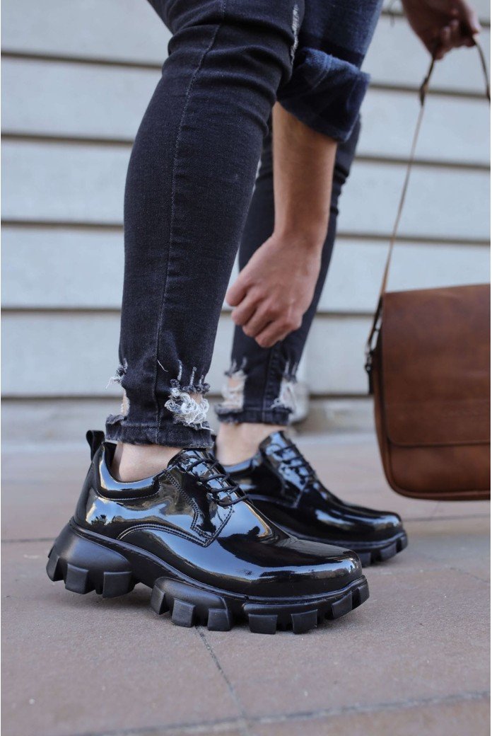 CH093 Castle Erkek Günlük Bağcıklı Rugan Klasik Ayakkabı CST - Siyah