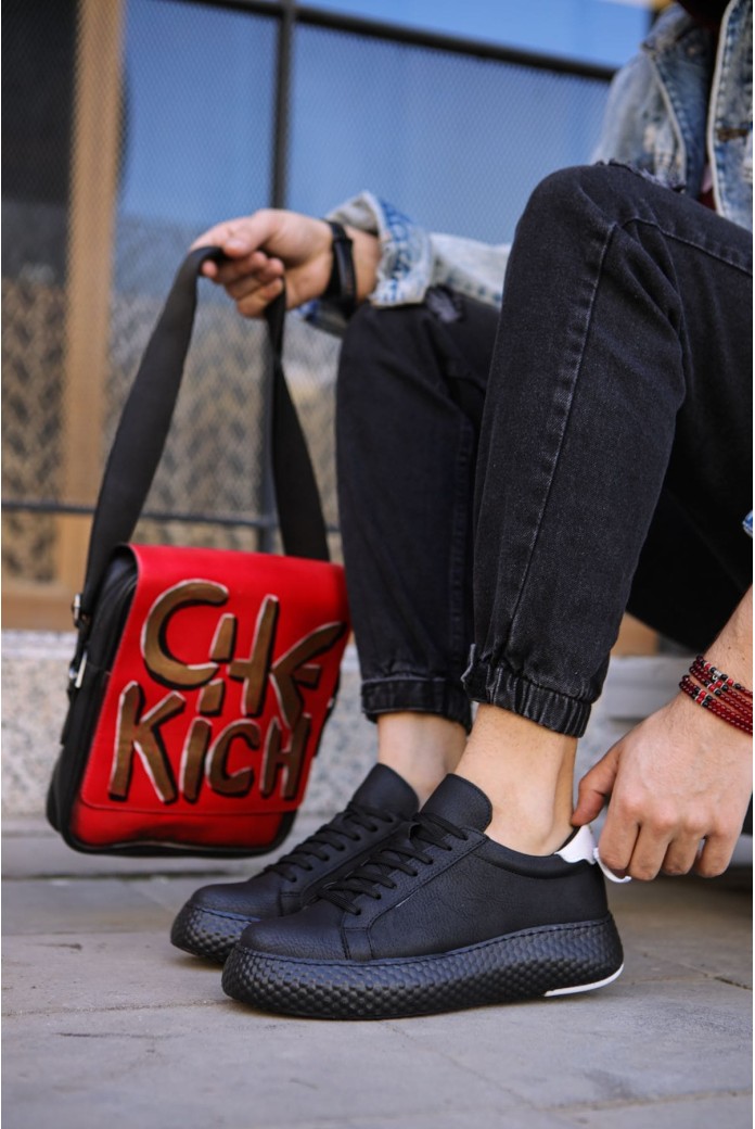 CH107 Felibord Erkek Günlük Bağcıklı Cilt Spor Sneaker Ayakkabı CST - Siyah/Beyaz