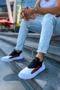 CH115 Literide Erkek Günlük Bağcıklı Cilt Spor Sneaker Ayakkabı CBT - Beyaz/Taba/Siyah