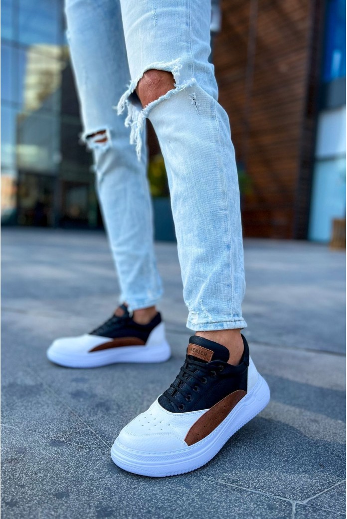 CH115 Literide Erkek Günlük Bağcıklı Cilt Spor Sneaker Ayakkabı CBT - Beyaz/Taba/Siyah