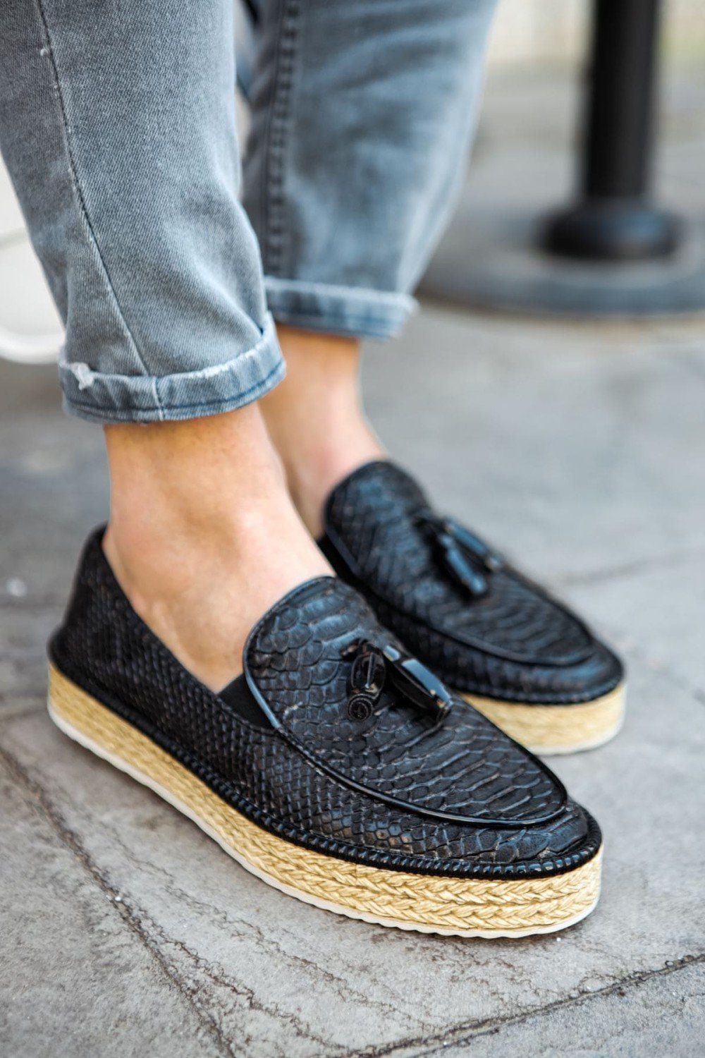 CH119 Tassels Erkek Günlük Bağcıksız Hasır Taban Loafer Cilt Klasik Ayakkabı CHT - Siyah – Chekich Erkek Ayakkabı