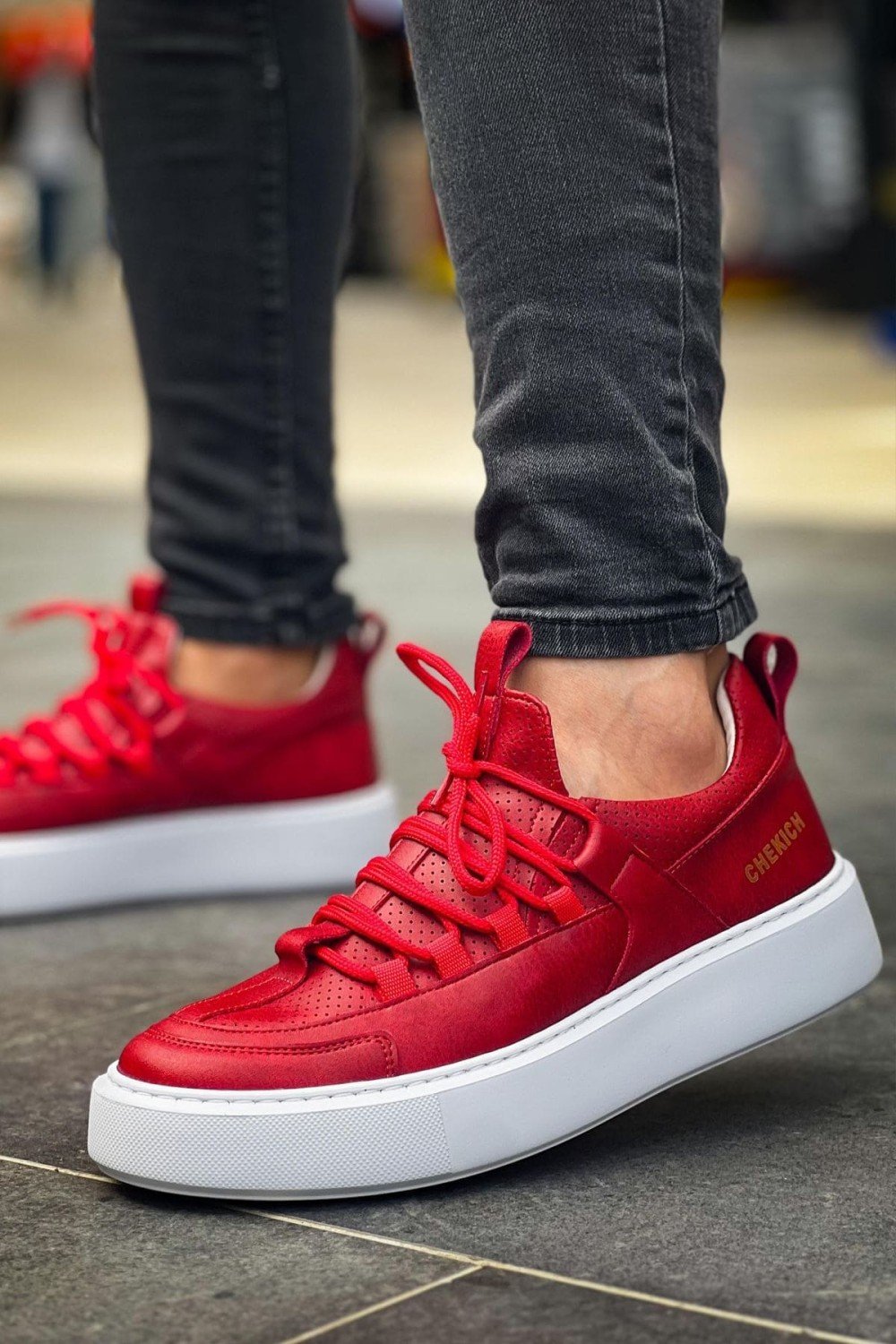 CH159 Saturn Erkek Günlük Bağcıklı Cilt Spor Sneaker Ayakkabı CBT - Kırmızı – Chekich Erkek Ayakkabı