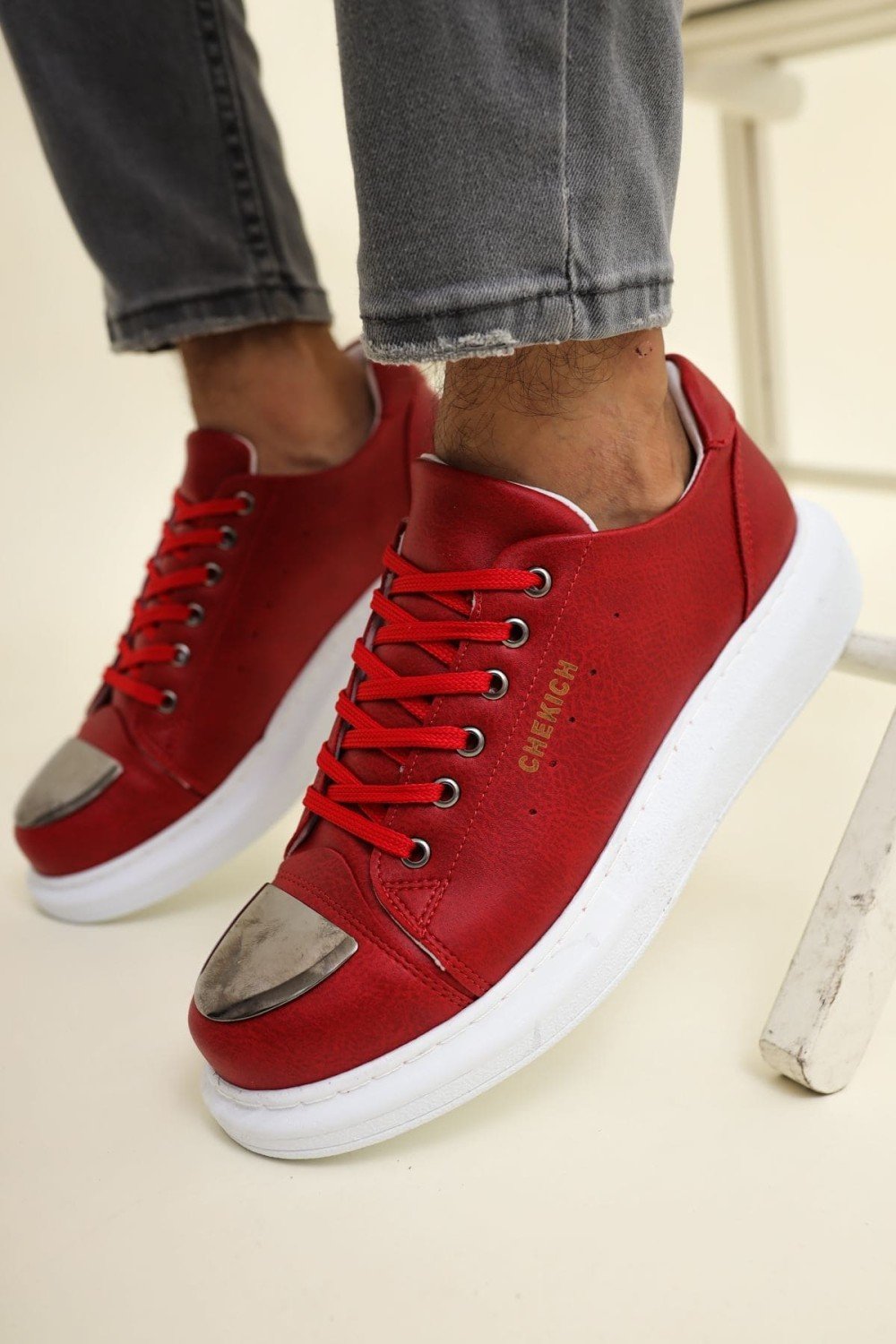 CH175 Mirror Erkek Günlük Bağcıklı Cilt Spor Sneaker Ayakkabı CBT - Kırmızı – Chekich Erkek Ayakkabı