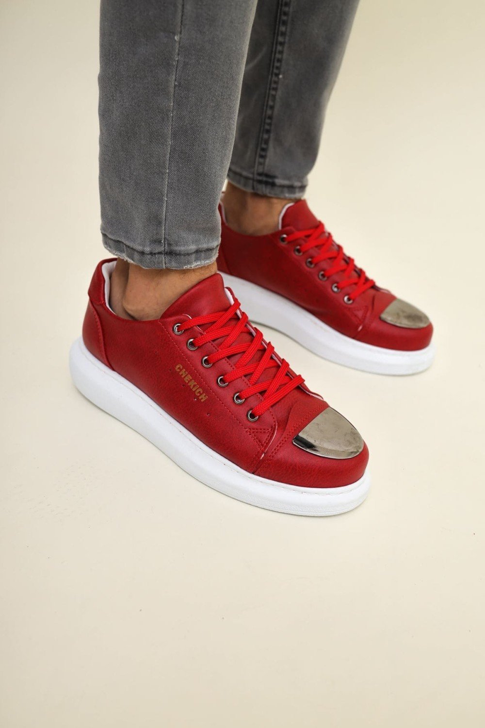 CH175 Mirror Erkek Günlük Bağcıklı Cilt Spor Sneaker Ayakkabı CBT - Kırmızı – Chekich Erkek Ayakkabı